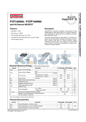FCPF190N60 datasheet - 600V N-Channel MOSFET