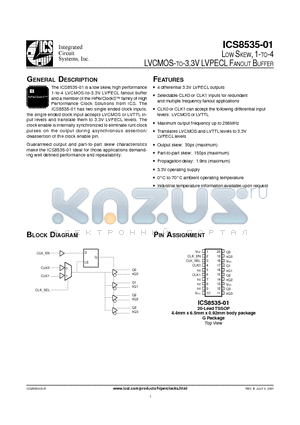 ICS8535AG-01 datasheet - LOW SKEW, 1-TO-4 LVCMOS-TO-3.3V LVPECL FANOUT BUFFER