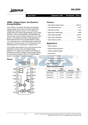 HA9P2546-5 datasheet - 30MHz, Voltage Output, Two Quadrant Analog Multiplier