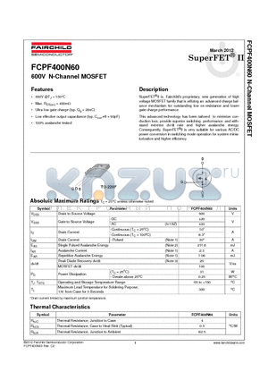 FCPF400N60 datasheet - 600V N-Channel MOSFET