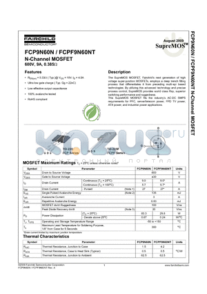 FCPF9N60NT datasheet - N-Channel MOSFET 600V, 9A, 0.385Y