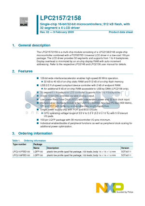 LPC2157FBD100 datasheet - Single-chip 16-bit/32-bit microcontrollers; 512 kB flash, with 32 segment x 4 LCD driver