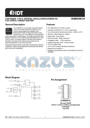 ICS8535AGI-31LFT datasheet - LOW SKEW, 1-TO-4, CRYSTAL OSCILLATOR/LVCMOS-TO-3.3V LVPECL FANOUT BUFFER