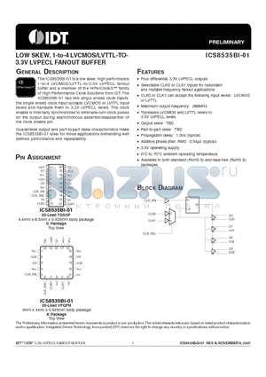 ICS8535BGI01 datasheet - LOW SKEW, 1-to-4 LVCMOS/LVTTL-TO- 3.3V LVPECL FANOUT BUFFER