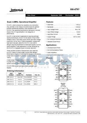 HA9P4741-9 datasheet - Quad, 3.5MHz, Operational Amplifier