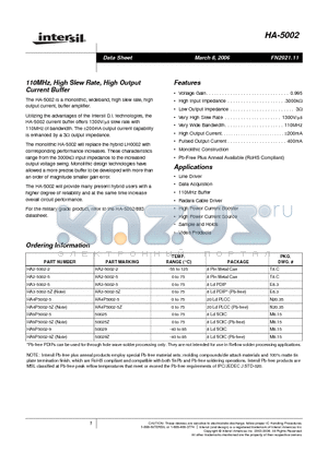 HA9P5002-9Z datasheet - 110MHz, High Slew Rate, High Output Current Buffer