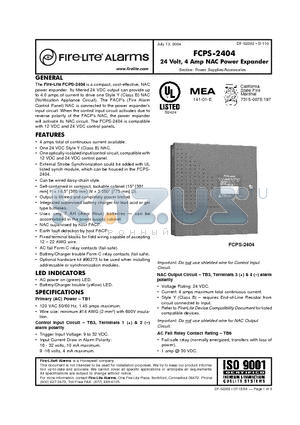 FCPS-2404 datasheet - 24 Volt, 4 Amp NAC Power Expander