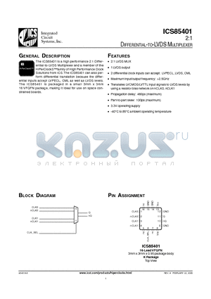 ICS85401AKT datasheet - DIFFERENTIAL-TO-LVDS MULTIPLEXER