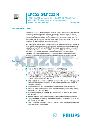 LPC2212 datasheet - 16/32-bit ARM microcontrollers; 128/256 kB ISP/IAP Flash with 10-bit ADC and external memory interface