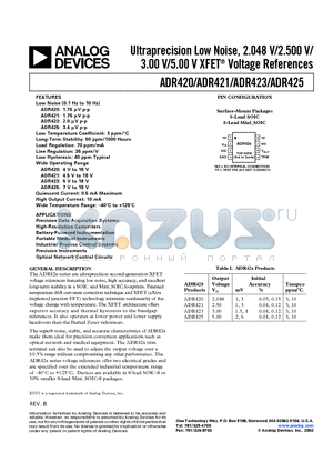 ADR421 datasheet - Ultraprecision Low Noise, 2.048 V/2.500 V/ 3.00 V/5.00 V XFET  Voltage References