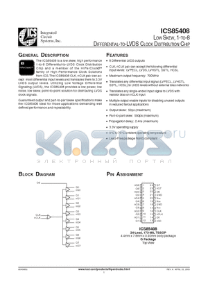 ICS85408 datasheet - LOW SKEW, 1-TO-8 DIFFERENTIAL-TO-LVDS CLOCK DISTRIBUTION CHIP