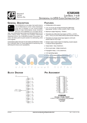 ICS85408BGLF datasheet - LOW SKEW, 1-TO-8 DIFFERENTIAL-TO-LVDS CLOCK DISTRIBUTION CHIP