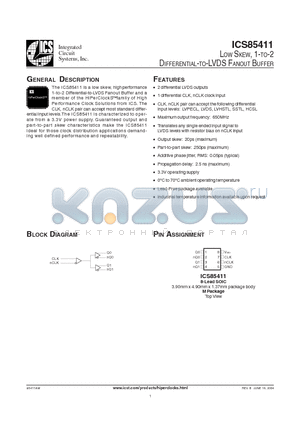 ICS85411 datasheet - Low Skew, 1-TO-2 DIFFERENTIAL-TO-LVDS FANOUT BUFFER