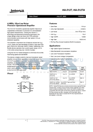 HA9P5127-5ZX96 datasheet - 8.5MHz, Ultra-Low Noise Precision Operational Amplifier
