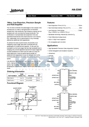 HA9P5340-5 datasheet - 700ns, Low Distortion, Precision Sample and Hold Amplifier