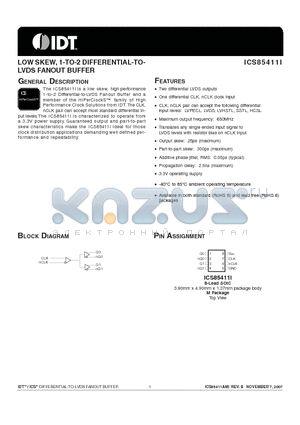 ICS85411I datasheet - LOW SKEW, 1-TO-2 DIFFERENTIAL-TOLVDS FANOUT BUFFER