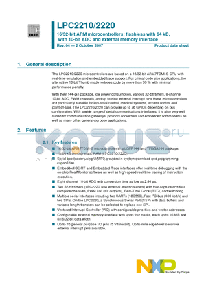 LPC2220 datasheet - 16/32-bit ARM microcontrollers; flashless with 64 kB,with 10-bit ADC and external memory interface