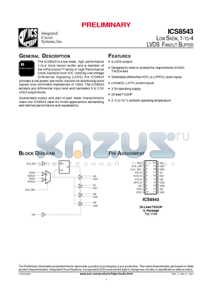 ICS8543BG datasheet - LOW SKEW, 1-TO-4 LVDS FANOUT BUFFER