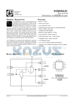 ICS85454AK-01LF datasheet - DIFFERENTIAL-TO-LVDS MULTIPLEXER