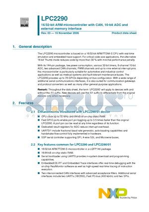 LPC2290FBD144 datasheet - 16/32-bit ARM microcontroller with CAN, 10-bit ADC and external memory interface