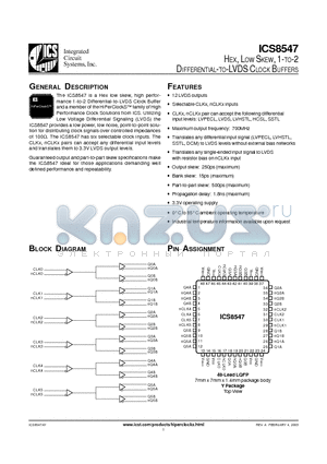 ICS8547 datasheet - HEX, LOW SKEW, 1-TO-2 DIFFERENTIAL-TO-LVDS CLOCK BUFFERS