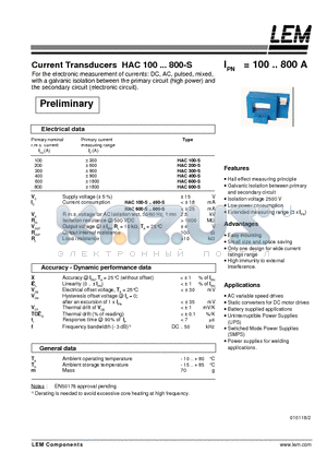 HAC100-S datasheet - Current Transducers HAC 100 ~800-S
