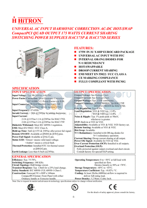 HAC175D-490O datasheet - UNIVERSAL AC INPUT HARMONIC CORRECTION AC-DC HOT-SWAP CompactPCI QUAD OUTPUT 175 WATTS CURRENT SHARING SWITCHING POWER SUPPLIES