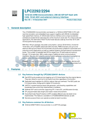 LPC2292FET144/00 datasheet - 16/32-bit ARM microcontrollers; 256 kB ISP/IAP flash with CAN, 10-bit ADC and external memory interface