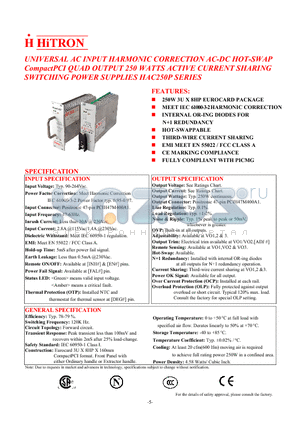 HAC250P-490E datasheet - UNIVERSAL AC INPUT HARMONIC CORRECTION AC-DC HOT-SWAP CompactPCI QUAD OUTPUT 250 WATTS ACTIVE CURRENT SHARING SWITCHING POWER SUPPLIES