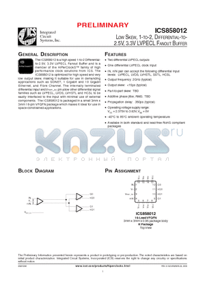 ICS858012AKT datasheet - LOW SKEW, 1-TO-2, DIFFERENTIAL-TO-2.5V, 3.3V LVPECL FANOUT BUFFER