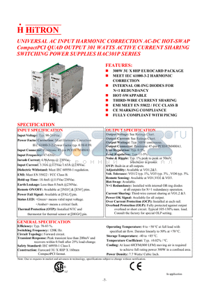 HAC301P-490 datasheet - UNIVERSAL AC INPUT HARMONIC CORRECTION AC-DC HOT-SWAP CompactPCI QUAD OUTPUT 301 WATTS ACTIVE CURRENT SHARING SWITCHING POWER SUPPLIES