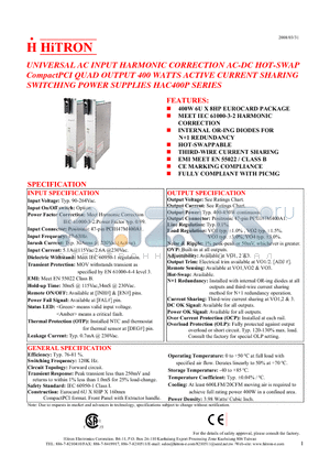 HAC400P datasheet - UNIVERSAL AC INPUT HARMONIC CORRECTION AC-DC HOT-SWAP CompactPCI QUAD OUTPUT 400 WATTS ACTIVE CURRENT SHARING SWITCHING POWER SUPPLIES