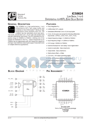 ICS8624BYT datasheet - LOW SKEW, 1-TO-5 DIFFERENTIAL-TO-HSTL ZERO DELAY BUFFER