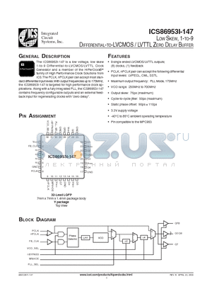 ICS86953BYI-147 datasheet - DIFFERENTIAL-TO-LVCMOS / LVTTL ZERO DELAY BUFFER