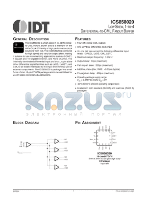 ICS858020AK datasheet - LOW SKEW, 1-TO-4 DIFFERENTIAL-TO-CML FANOUT BUFFER