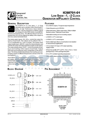 ICS8701-01Y datasheet - LOW SKEW 1, 2 CLOCK GENERATOR W/POLARITY CONTROL