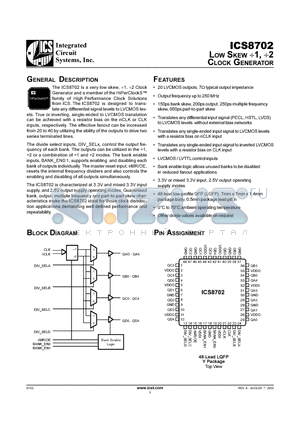 ICS8702BY datasheet - LOW SKEW 1, 2 CLOCK GENERATOR