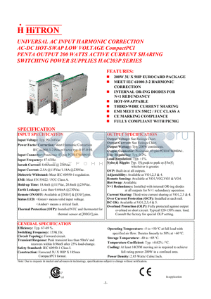 HAC203P-P033BCEIE datasheet - UNIVERSAL AC INPUT HARMONIC CORRECTION AC-DC HOT-SWAP LOW VOLTAGE CompactPCI PENTA OUTPUT 200 WATTS ACTIVE CURRENT SHARING SWITCHING POWER SUPPLIES