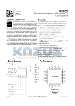 ICS8705BYLF datasheet - ZERO DELAY, DIFFERENTIAL-TO-LVCMOS/LVTTL CLOCK GENERATOR