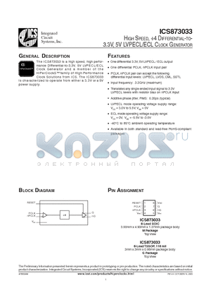 ICS873033AGT datasheet - HIGH SPEED, 4 DIFFERENTIAL-TO- 3.3V, 5V LVPECL/ECL CLOCK GENERATOR