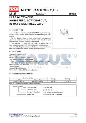 L1127G-XX-AF5-R datasheet - ULTRA-LOW-NOISE, HIGH-SPEED, LOW-DROPOUT, 300mA LINEAR REGULATOR