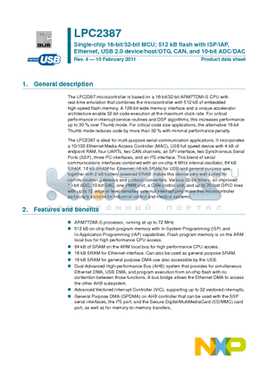 LPC2387 datasheet - Single-chip 16-bit/32-bit MCU; 512 kB flash with ISP/IAP, Ethernet, USB 2.0 device/host/OTG, CAN, and 10-bit ADC/DAC