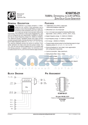 ICS8735AM-21T datasheet - 700MHZ, DIFFERENTIAL-TO-3.3V LVPECL ZERO DELAY CLOCK GENERATOR