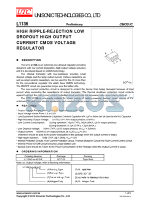 L1136 datasheet - HIGH RIPPLE-REJECTION LOW DROPOUT HIGH OUTPUT CURRENT CMOS VOLTAGE REGULATOR