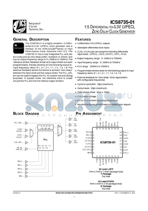 ICS8735AY-01T datasheet - 1:5 DIFFERENTIAL-TO-3.3V LVPECL ZERO DELAY CLOCK GENERATOR
