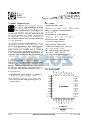 ICS873990 datasheet - LOW VOLTAGE, LVCMOS/ CRYSTAL-TO-LVPECL/ECL CLOCK GENERATOR