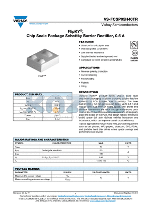 FCSP05H40TR datasheet - FlipKY, Chip Scale Package Schottky Barrier Rectifier, 0.5 A
