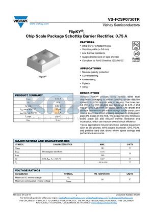 FCSP0730TR datasheet - FlipKY, Chip Scale Package Schottky Barrier Rectifier, 0.75 A