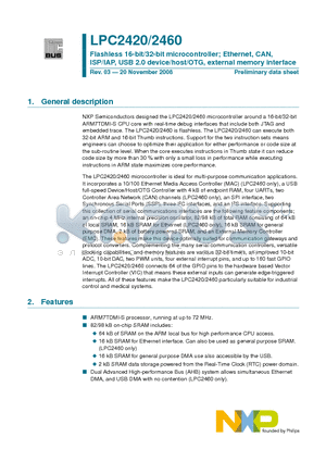 LPC2420 datasheet - Flashless 16-bit/32-bit microcontroller; Ethernet, CAN, ISP/IAP, USB 2.0 device/host/OTG, external memory interface