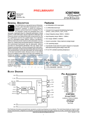 ICS874004AG datasheet - PCI EXPRESS JITTER ATTENUATOR